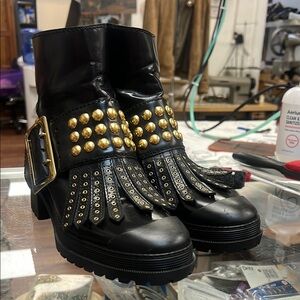 Burberry Black and Gold Ankle Booties with Fringe